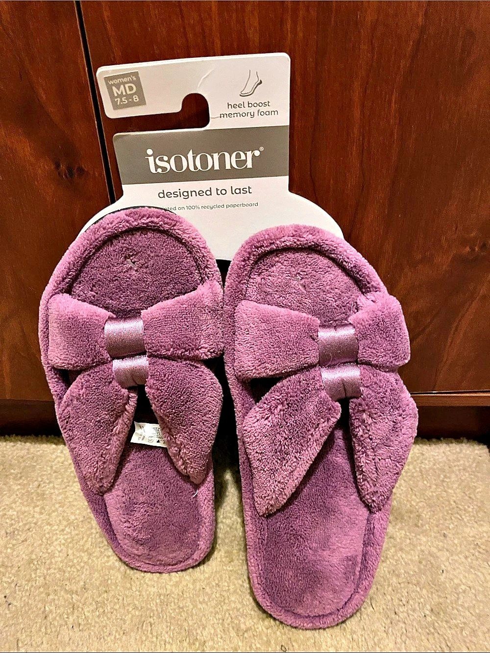 Isotoner Women's Microterry Bow Slide Slippers Purple US 7.5-8 NWT (C1)